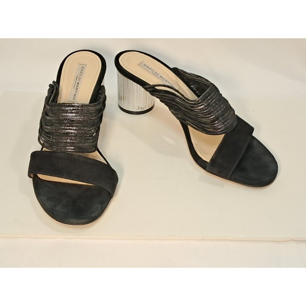 Enzo Di Martino Black Suede Silver Strappy 2" Heeled Sandals Size 39 EU/8.5 US